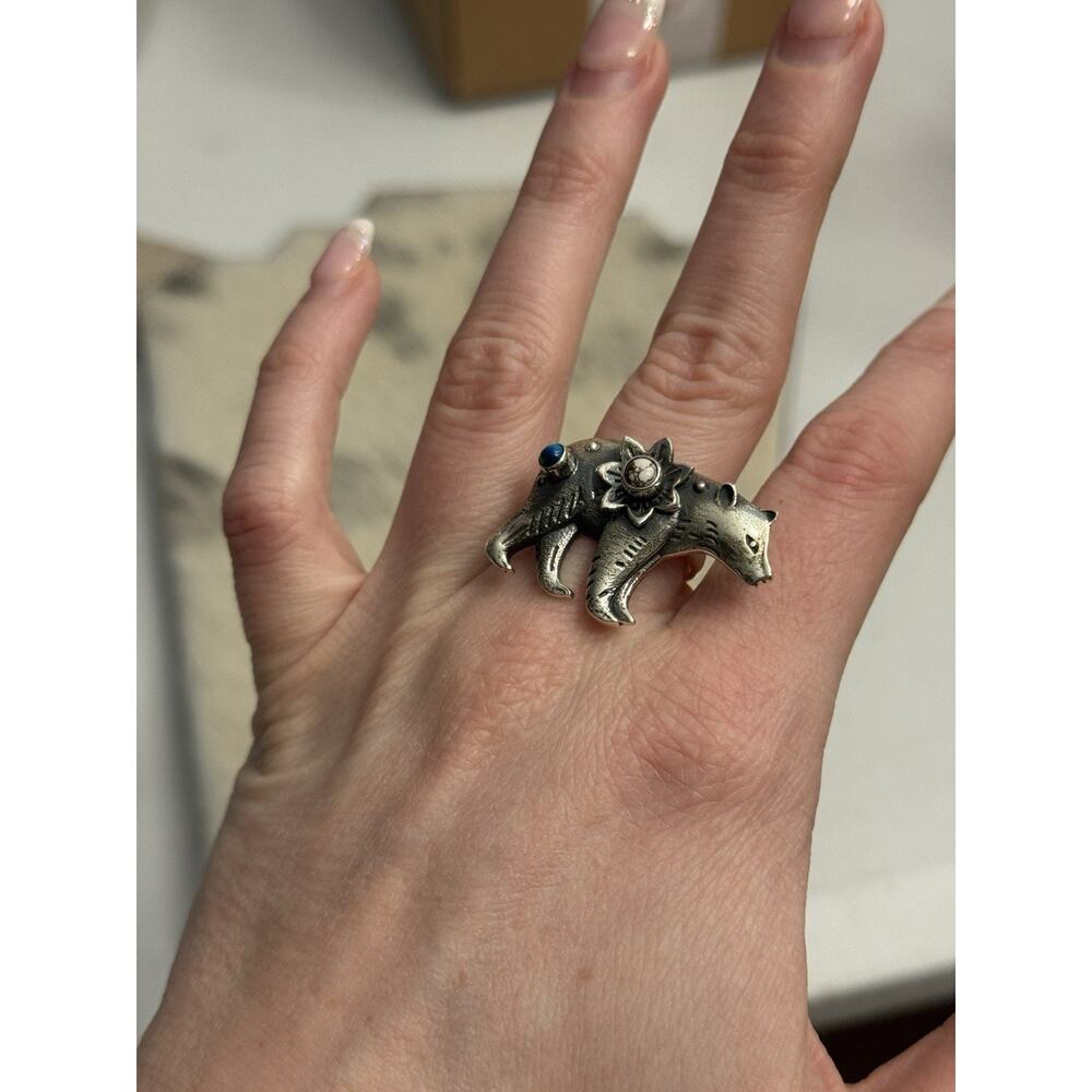 Native American Sterling Silver Blue Lapis Wild Horse Running Bear Ring Sz 10